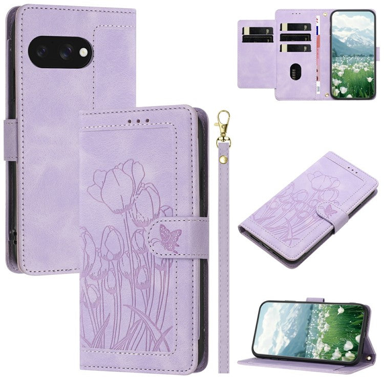 For Google Pixel 9a Case Tulip Leather Phone Cover with 5 Card Slots Wallet - Purple