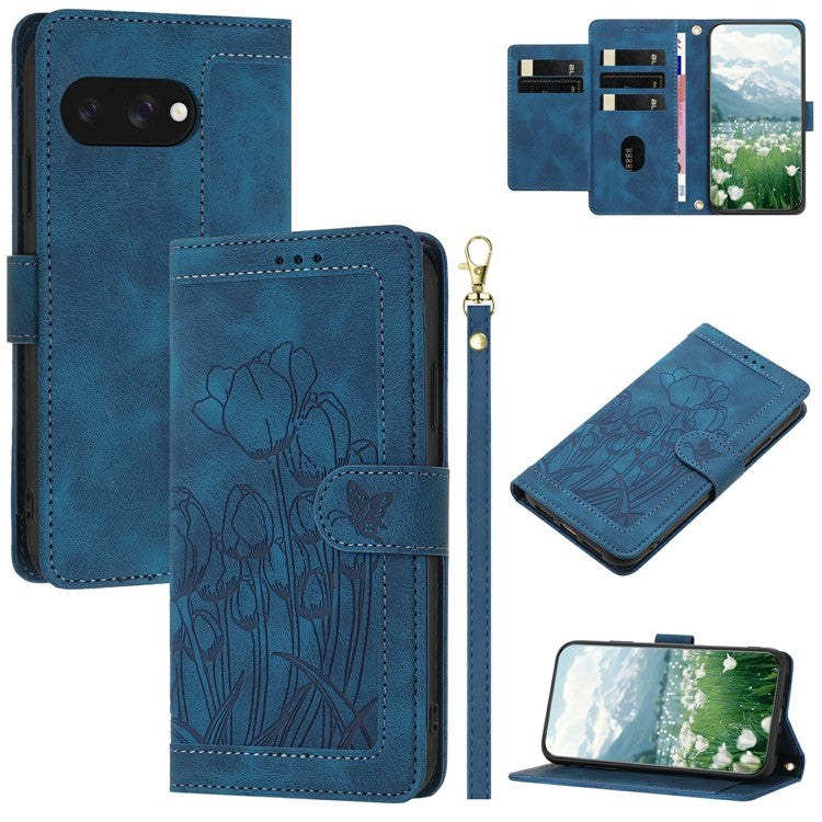 For Google Pixel 9a Case Tulip Leather Phone Cover with 5 Card Slots Wallet - Blue