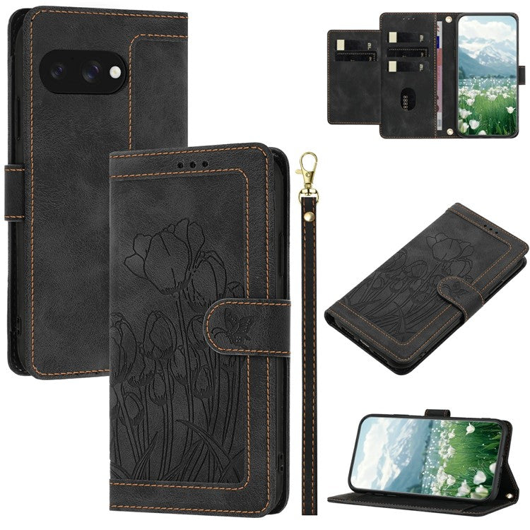 For Google Pixel 9a Case Tulip Leather Phone Cover with 5 Card Slots Wallet - Black