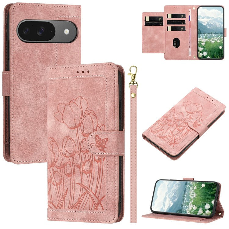 For Google Pixel 9 Pro / Pixel 9 Case Tulip Leather Phone Cover with 5 Card Slots Wallet - Pink