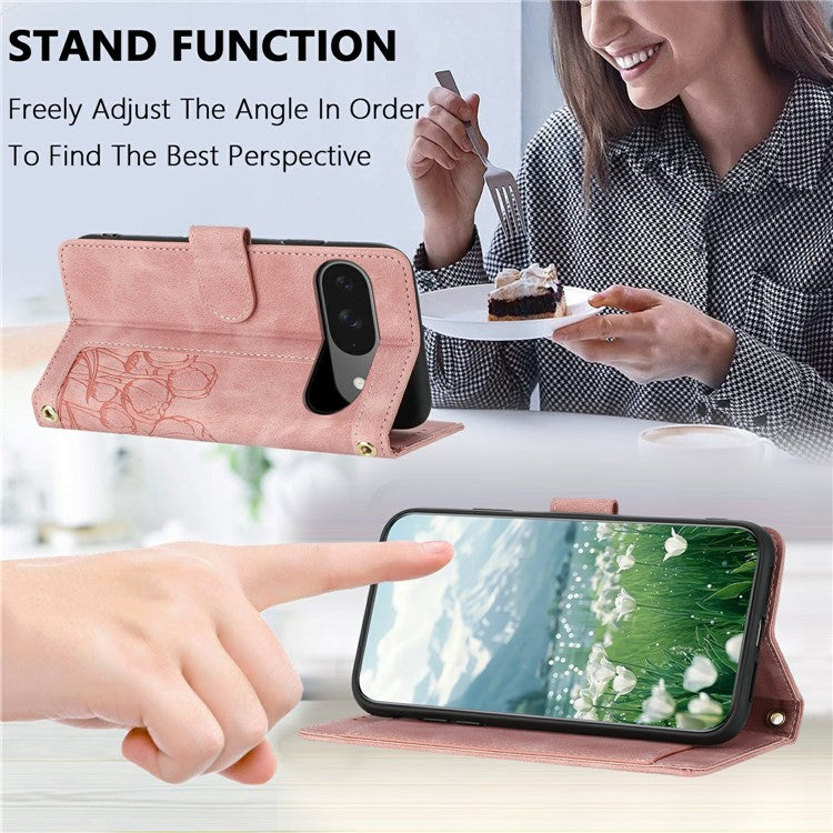 For Google Pixel 9 Pro / Pixel 9 Case Tulip Leather Phone Cover with 5 Card Slots Wallet - Pink