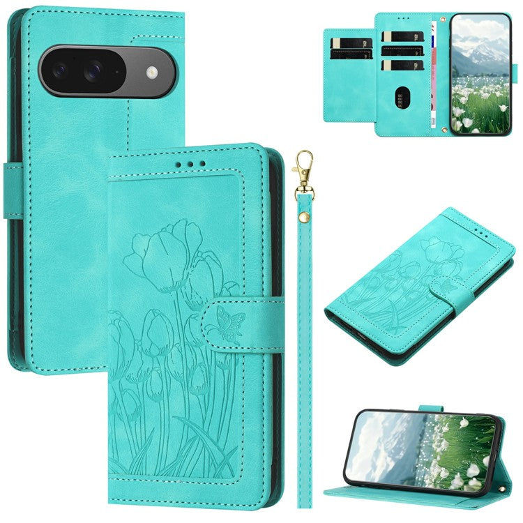 For Google Pixel 9 Pro / Pixel 9 Case Tulip Leather Phone Cover with 5 Card Slots Wallet - Green