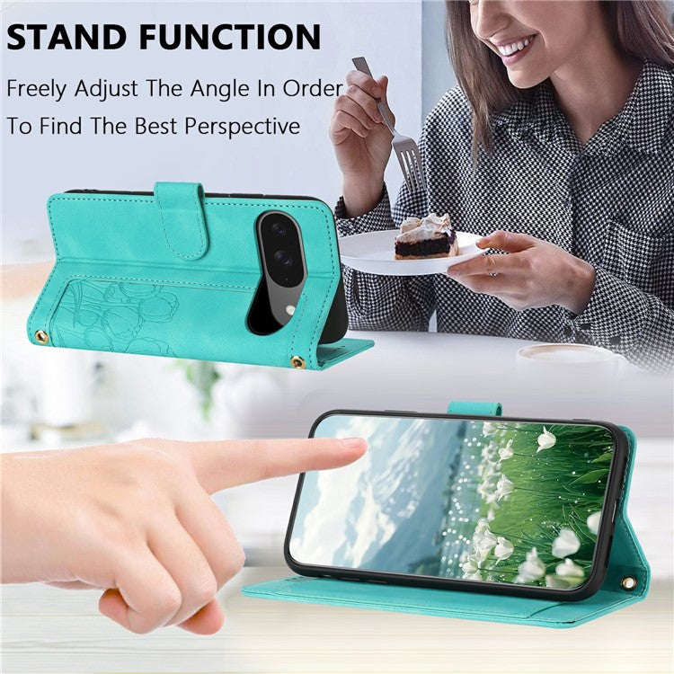 For Google Pixel 9 Pro / Pixel 9 Case Tulip Leather Phone Cover with 5 Card Slots Wallet - Green