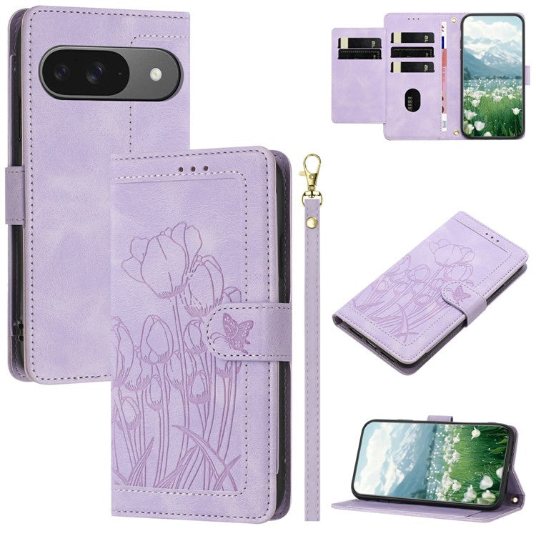 For Google Pixel 9 Pro / Pixel 9 Case Tulip Leather Phone Cover with 5 Card Slots Wallet - Purple