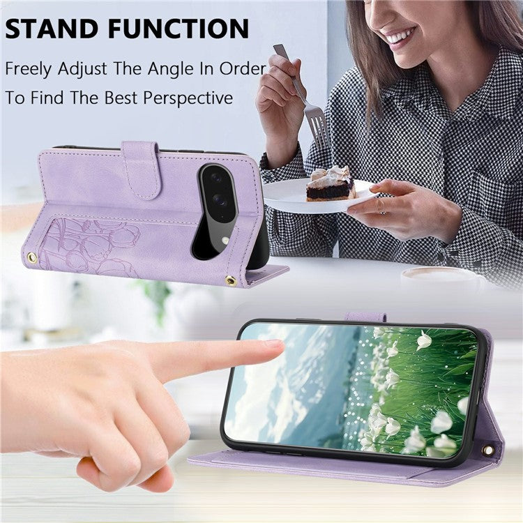 For Google Pixel 9 Pro / Pixel 9 Case Tulip Leather Phone Cover with 5 Card Slots Wallet - Purple