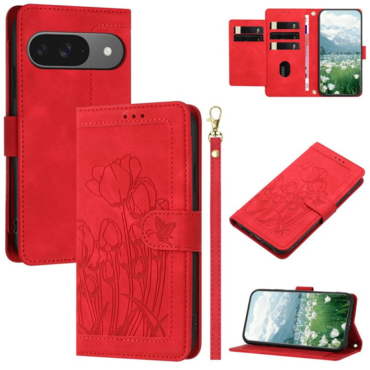 For Google Pixel 9 Pro / Pixel 9 Case Tulip Leather Phone Cover with 5 Card Slots Wallet - Red