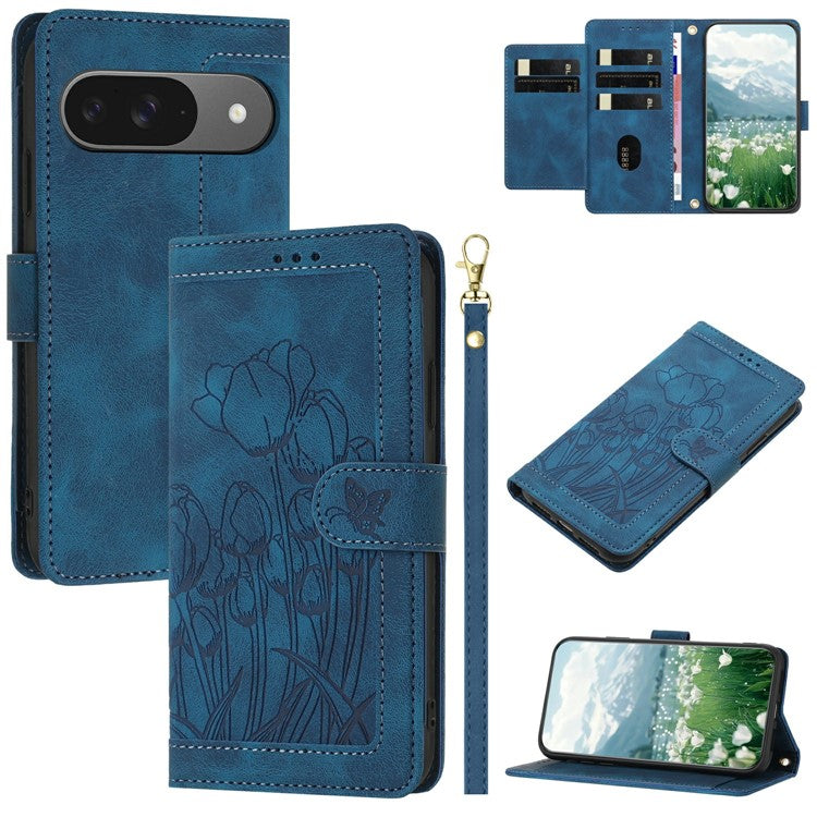 For Google Pixel 9 Pro / Pixel 9 Case Tulip Leather Phone Cover with 5 Card Slots Wallet - Blue