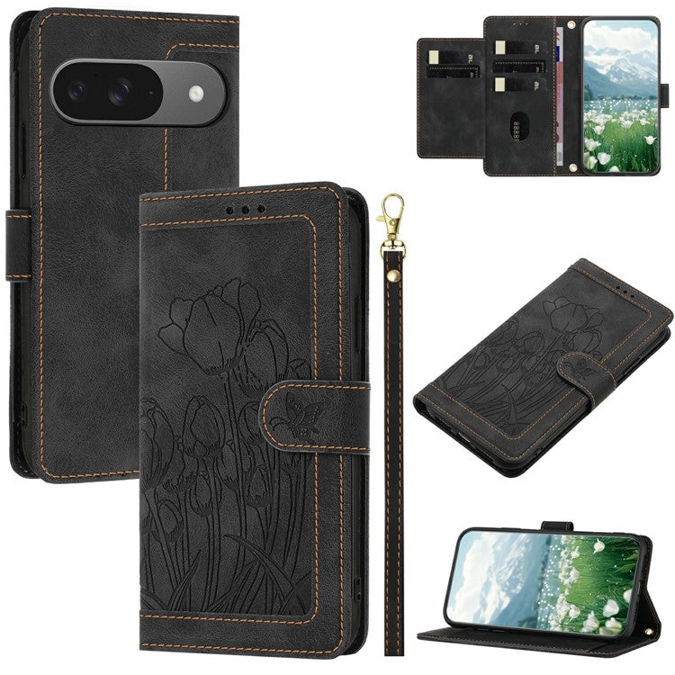 For Google Pixel 9 Pro / Pixel 9 Case Tulip Leather Phone Cover with 5 Card Slots Wallet - Black