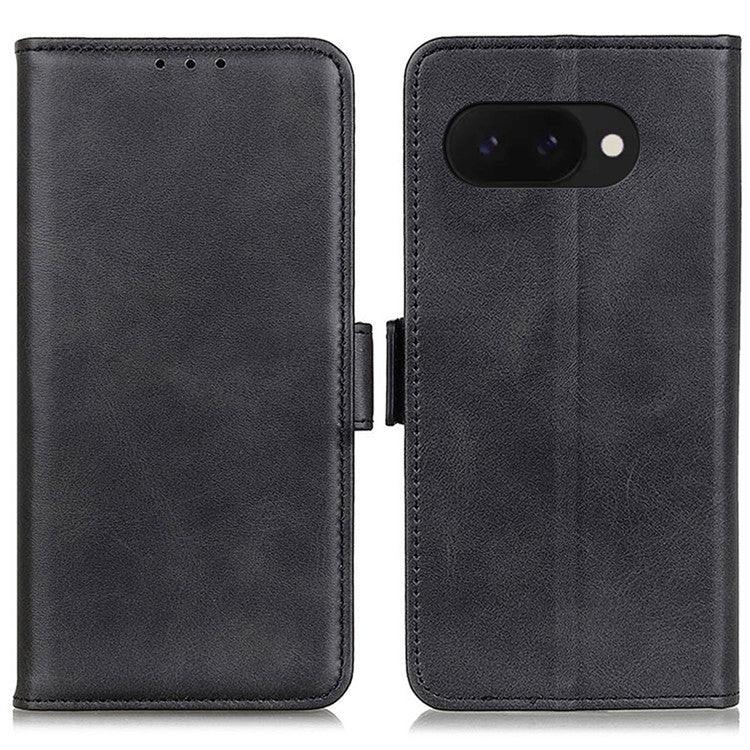 For Google Pixel 9a Case Stand Cowhide Texture PU Leather Phone Cover - Black