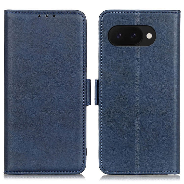 For Google Pixel 9a Case Stand Cowhide Texture PU Leather Phone Cover - Blue