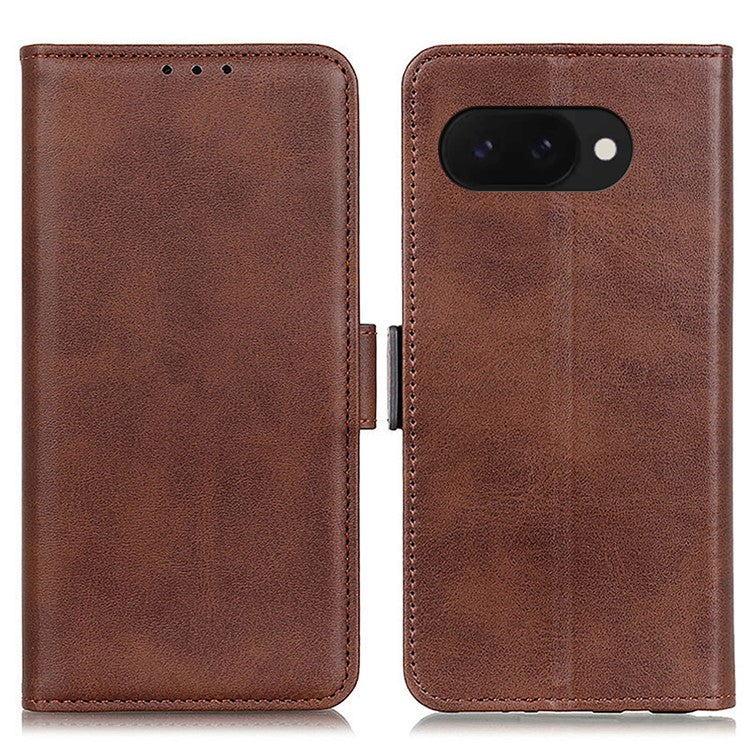 For Google Pixel 9a Case Stand Cowhide Texture PU Leather Phone Cover - Brown