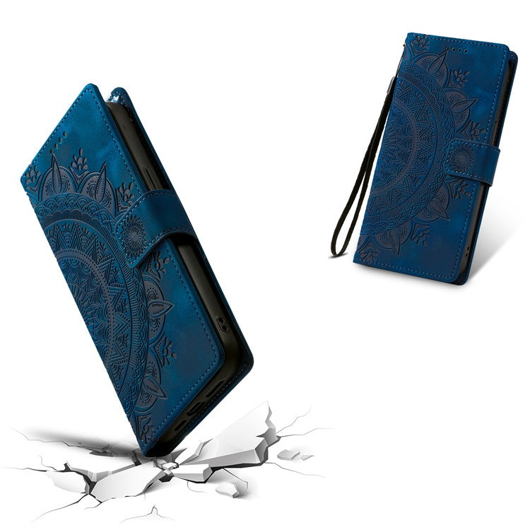 Style 018 For Samsung Galaxy S24 Case Imprinted Totem Skin Feel Wallet Leather Phone Cover - Blue