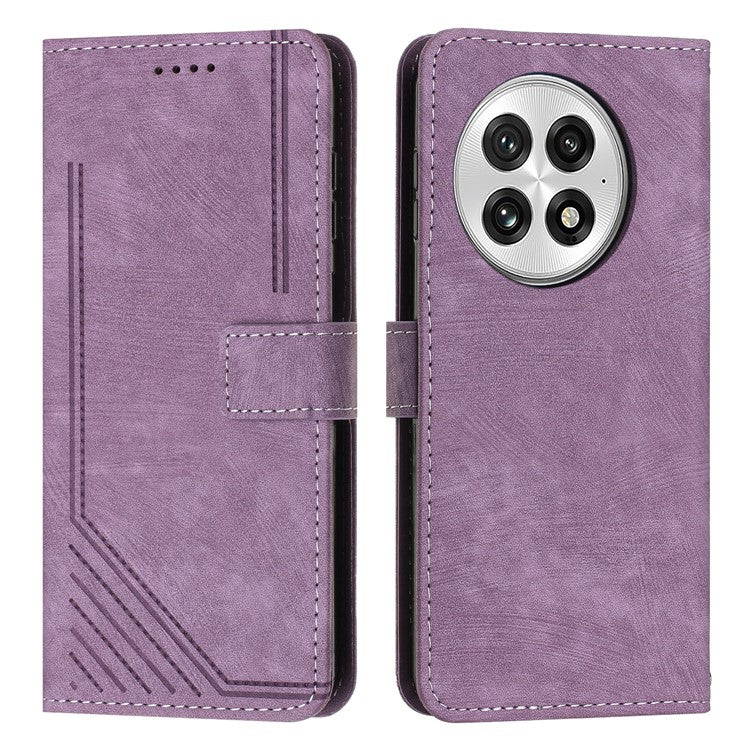 For OnePlus 13 Case Imprinted Lines Leather Phone Cover Folding Stand - Purple