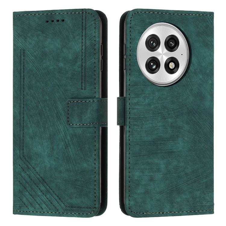 For OnePlus 13 Case Imprinted Lines Leather Phone Cover Folding Stand - Green