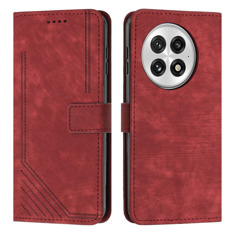 For OnePlus 13 Case Imprinted Lines Leather Phone Cover Folding Stand - Red