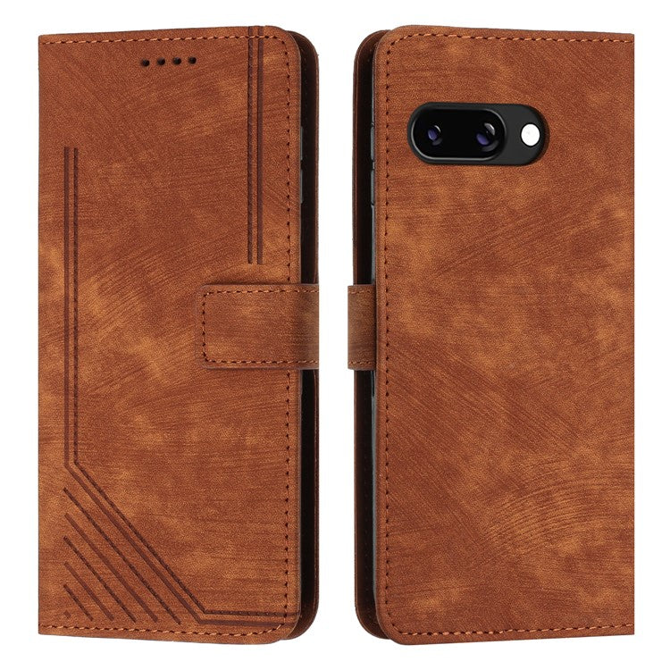 For Google Pixel 9a Case Imprinted Lines Leather Phone Cover Folding Stand - Brown