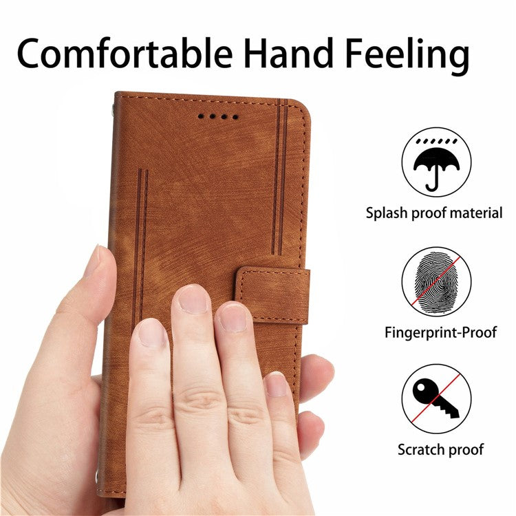 For Google Pixel 9a Case Imprinted Lines Leather Phone Cover Folding Stand - Brown