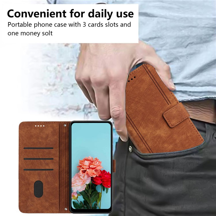 For Google Pixel 9a Case Imprinted Lines Leather Phone Cover Folding Stand - Brown