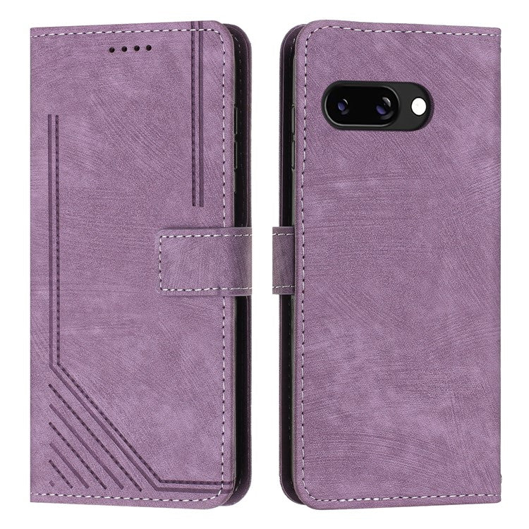 For Google Pixel 9a Case Imprinted Lines Leather Phone Cover Folding Stand - Purple