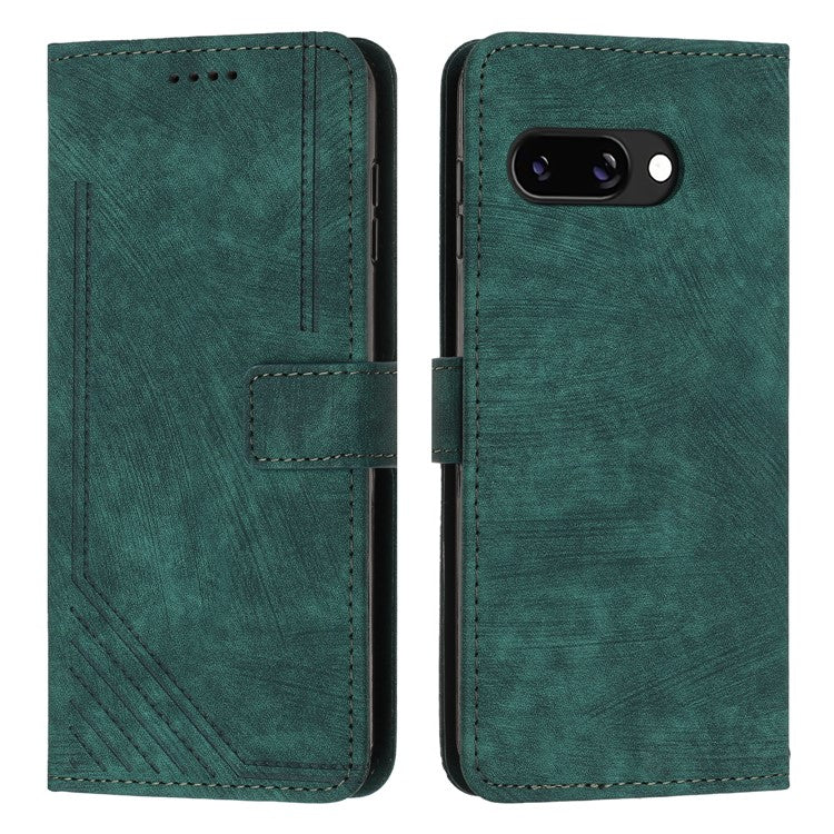 For Google Pixel 9a Case Imprinted Lines Leather Phone Cover Folding Stand - Green