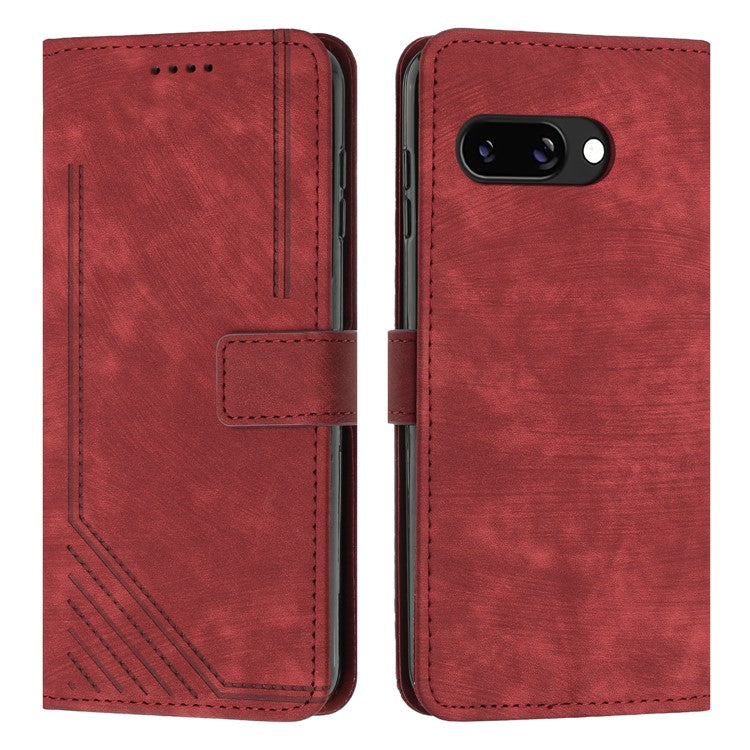 For Google Pixel 9a Case Imprinted Lines Leather Phone Cover Folding Stand - Red