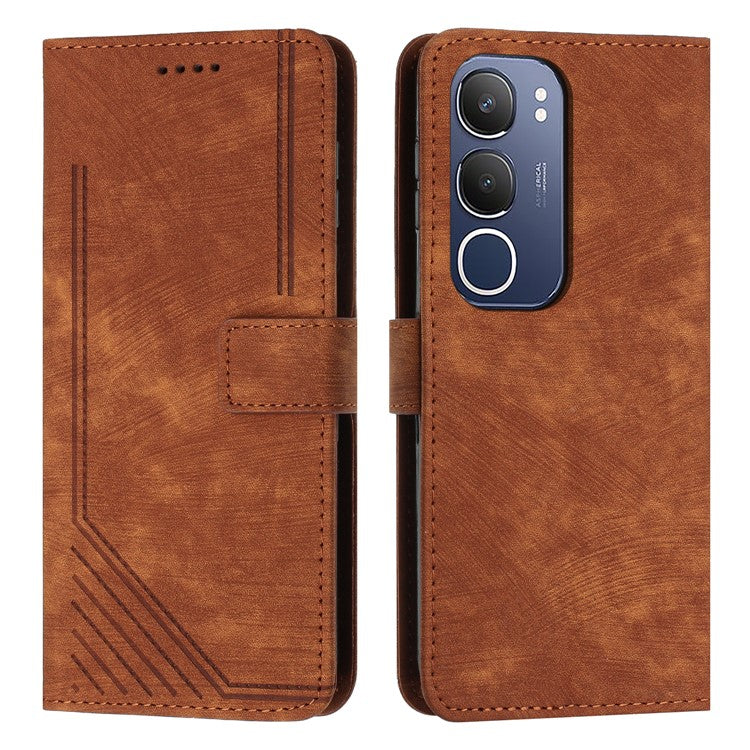 For vivo Y19s 4G Case Imprinted Lines Leather Phone Cover Folding Stand - Brown