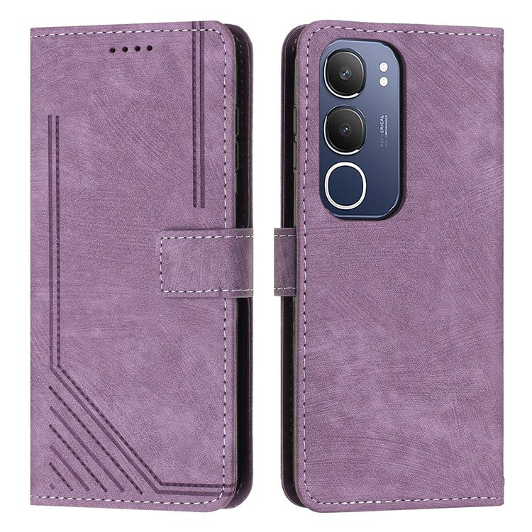 For vivo Y19s 4G Case Imprinted Lines Leather Phone Cover Folding Stand - Purple