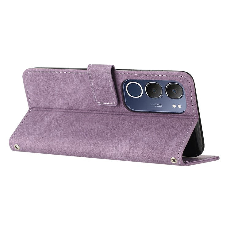 For vivo Y19s 4G Case Imprinted Lines Leather Phone Cover Folding Stand - Purple