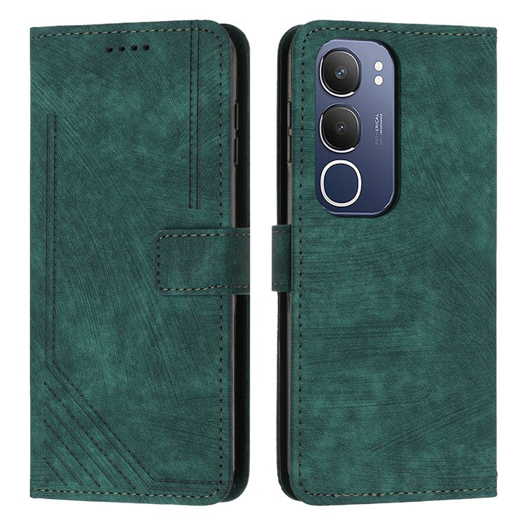 For vivo Y19s 4G Case Imprinted Lines Leather Phone Cover Folding Stand - Green