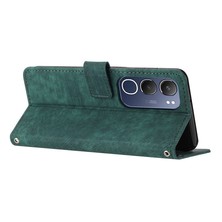 For vivo Y19s 4G Case Imprinted Lines Leather Phone Cover Folding Stand - Green