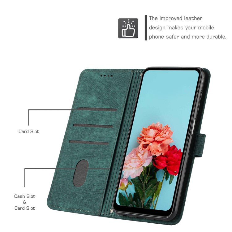 For vivo Y19s 4G Case Imprinted Lines Leather Phone Cover Folding Stand - Green