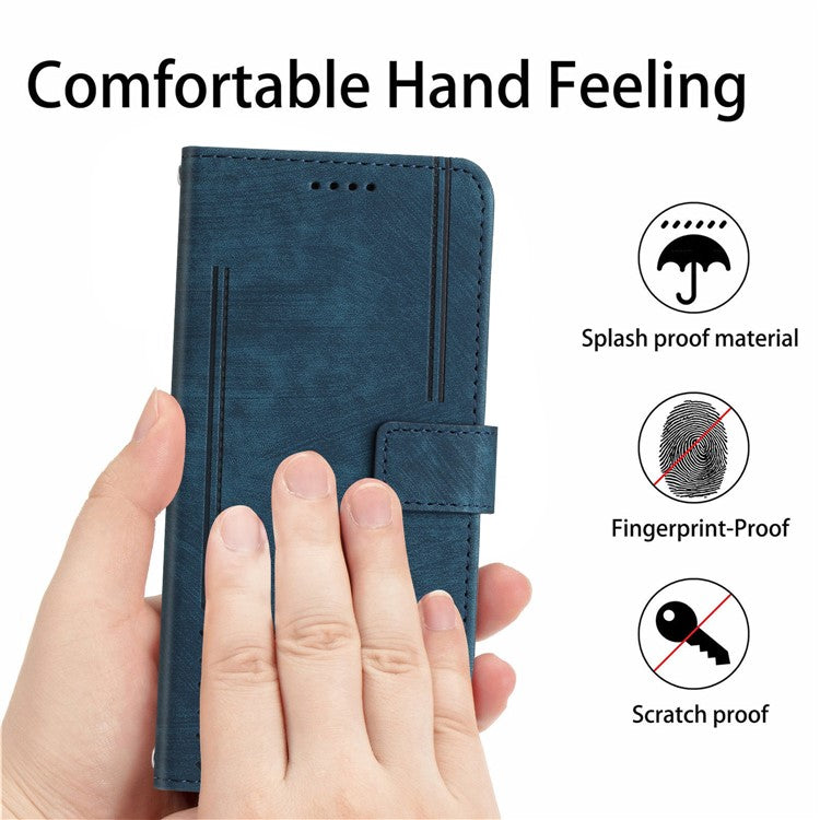 For vivo Y19s 4G Case Imprinted Lines Leather Phone Cover Folding Stand - Sapphire