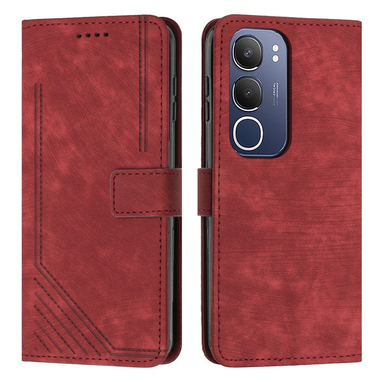 For vivo Y19s 4G Case Imprinted Lines Leather Phone Cover Folding Stand - Red