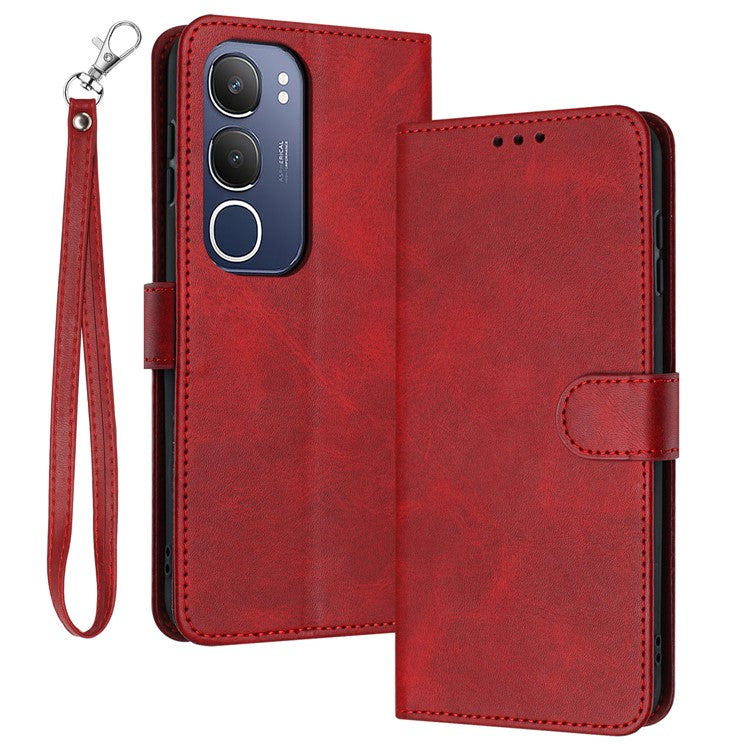 For vivo Y19s 4G Case Flip Stand PU Leather Wallet Phone Cover Calf Texture - Red