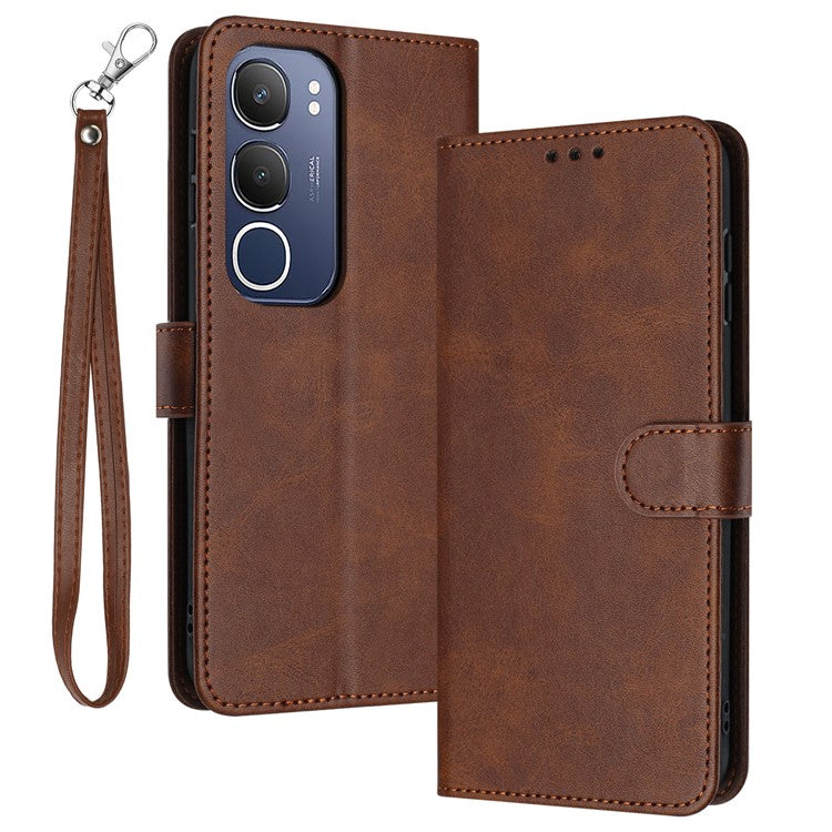 For vivo Y19s 4G Case Flip Stand PU Leather Wallet Phone Cover Calf Texture - Brown