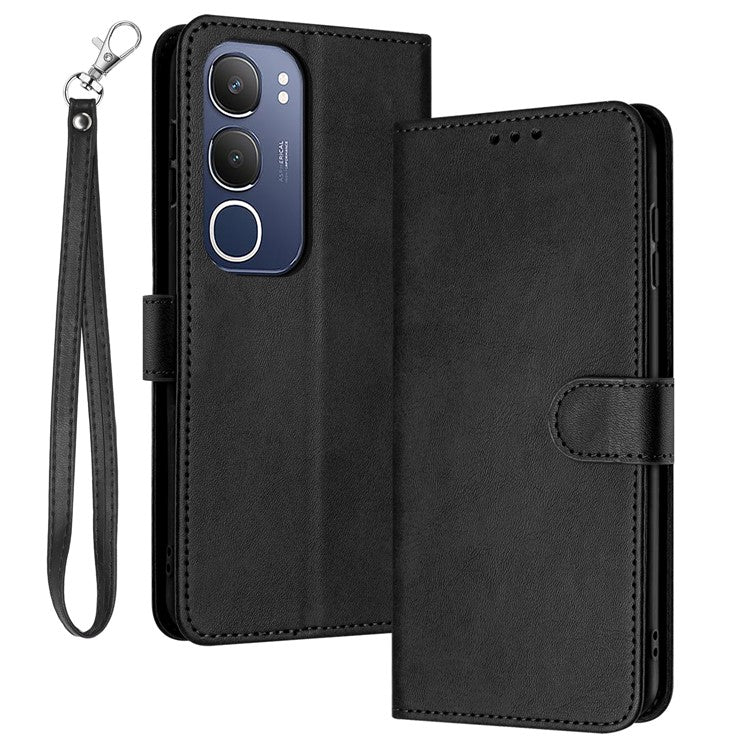 For vivo Y19s 4G Case Flip Stand PU Leather Wallet Phone Cover Calf Texture - Black