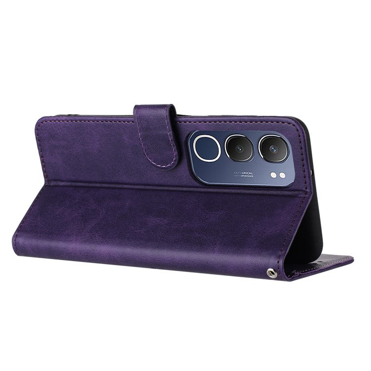 For vivo Y19s 4G Case Flip Stand PU Leather Wallet Phone Cover Calf Texture - Purple