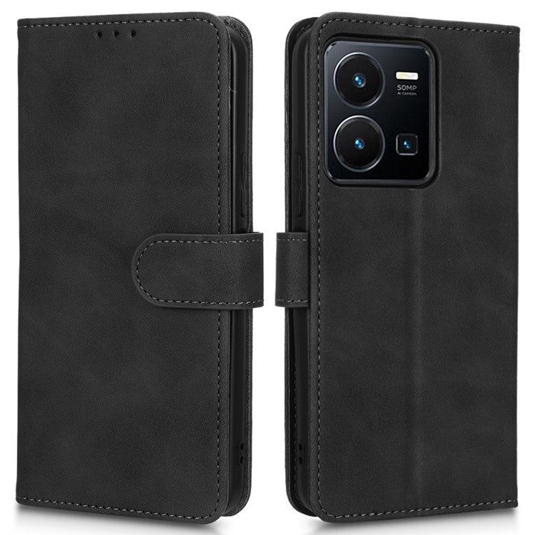 Skin-Touch Feeling Phone Case for vivo Y22s 4G / Y35 4G (2022), PU Leather Magnetic Clasp Stand Wallet Phone Cover - Black