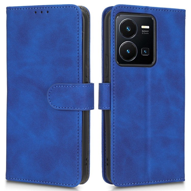 Skin-Touch Feeling Phone Case for vivo Y22s 4G / Y35 4G (2022), PU Leather Magnetic Clasp Stand Wallet Phone Cover - Blue