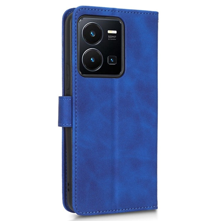 Skin-Touch Feeling Phone Case for vivo Y22s 4G / Y35 4G (2022), PU Leather Magnetic Clasp Stand Wallet Phone Cover - Blue