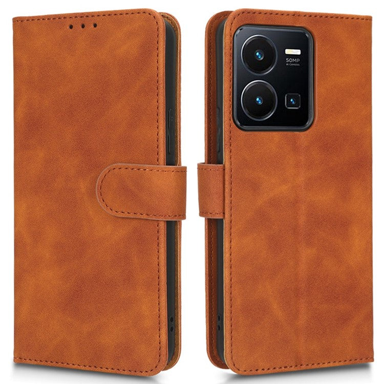 Skin-Touch Feeling Phone Case for vivo Y22s 4G / Y35 4G (2022), PU Leather Magnetic Clasp Stand Wallet Phone Cover - Brown