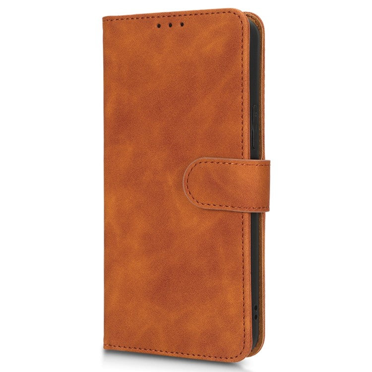 Skin-Touch Feeling Phone Case for vivo Y22s 4G / Y35 4G (2022), PU Leather Magnetic Clasp Stand Wallet Phone Cover - Brown