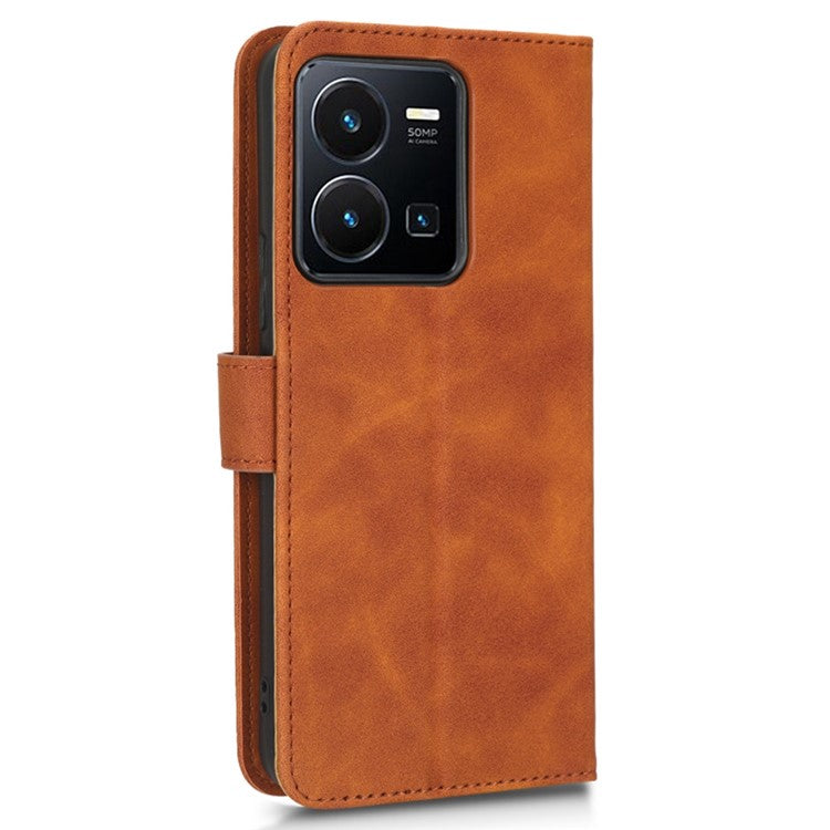 Skin-Touch Feeling Phone Case for vivo Y22s 4G / Y35 4G (2022), PU Leather Magnetic Clasp Stand Wallet Phone Cover - Brown