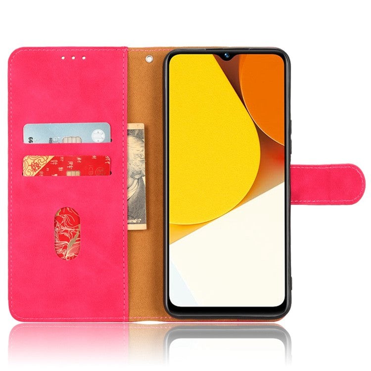 Skin-Touch Feeling Phone Case for vivo Y22s 4G / Y35 4G (2022), PU Leather Magnetic Clasp Stand Wallet Phone Cover - Rose