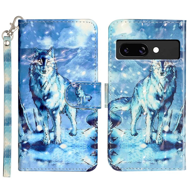 For Google Pixel 9a Case 3D Pattern Printed Phone Leather Phone Cover - Snow Wolf