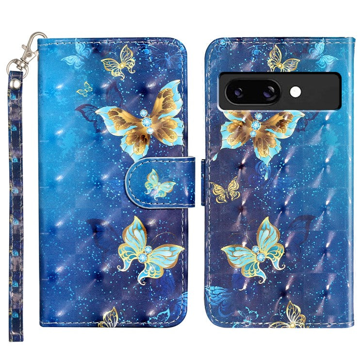 For Google Pixel 9a Case 3D Pattern Printed Phone Leather Phone Cover - Blue Gold Butterflies