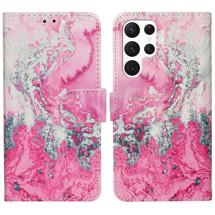 For Samsung Galaxy S25 Ultra Case Pattern PU Leather Flip Phone Cover - Pink Seawater Marble