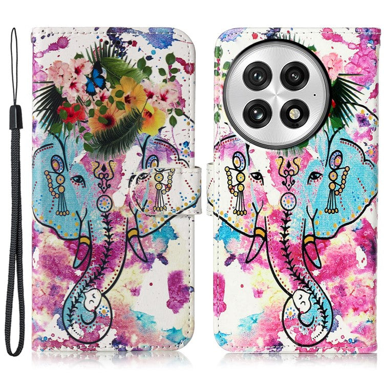 For OnePlus 13 Case Pattern Leather Wallet Phone Cover with Card Holder - Flower Elephant