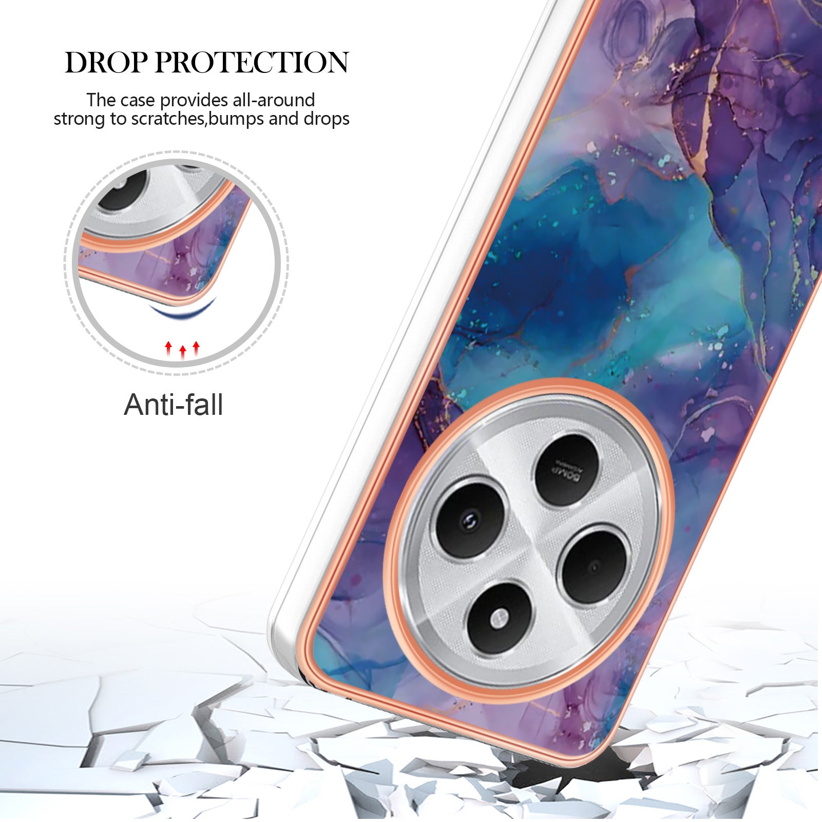 For Xiaomi Redmi 14R 5G / Xiaomi Poco C75 4G / Xiaomi Redmi 14C 4G TPU Case Marble Pattern 2.0mm Electroplating Phone Back Cover - Purple