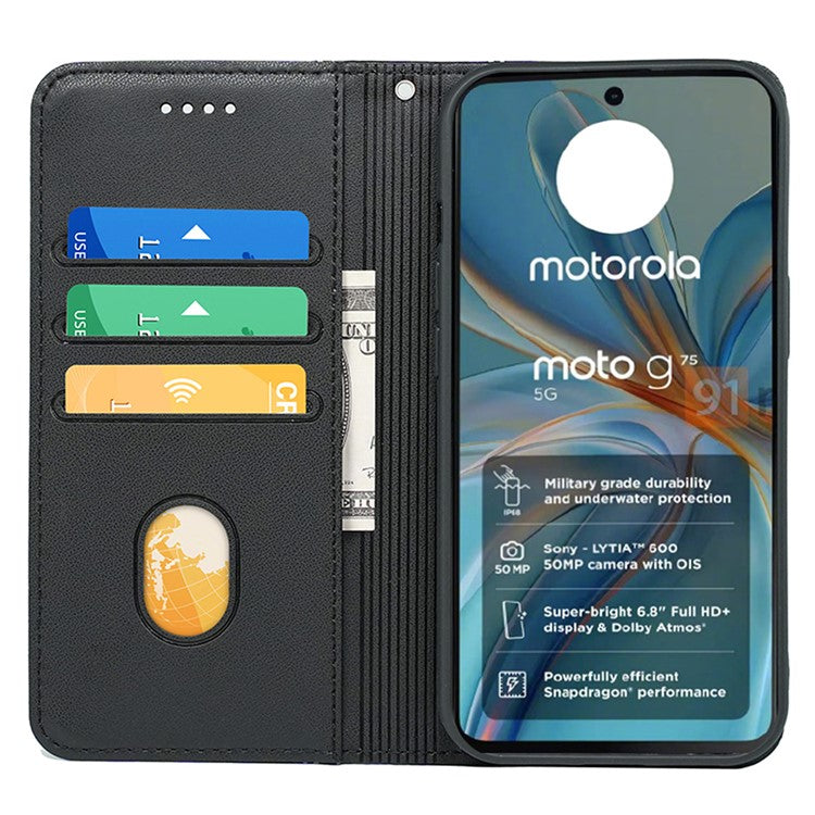 HX01 For Motorola Moto G75 5G Wallet Case Magnetic Closing PU Leather Phone Cover - Black